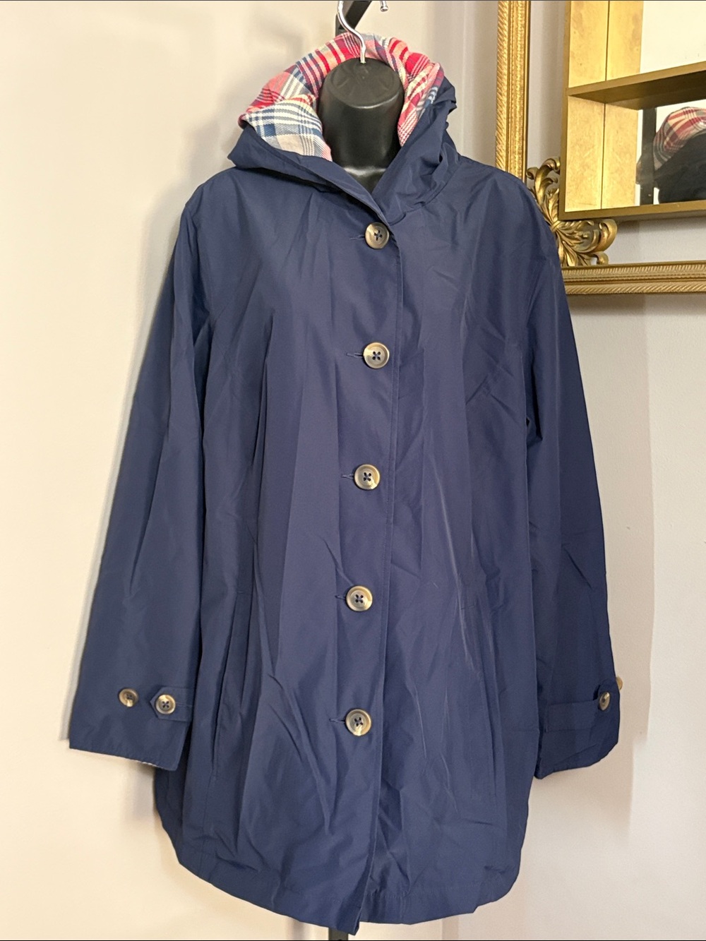L.L. Bean VINTAGE 2X Easy Care Mackintosh Coat Navy Blue Hooded Raincoat Plaid